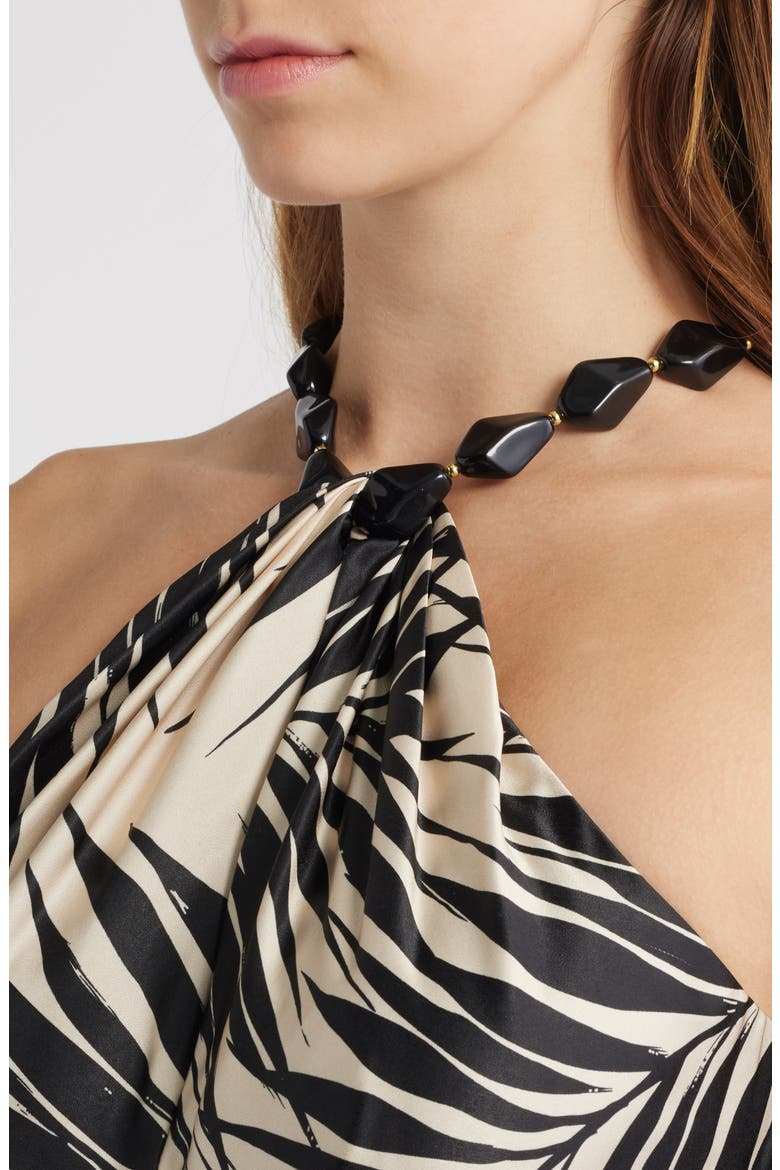 Bead Detail Palm Print Satin Sheath Gown, Alternate, color, BLACK