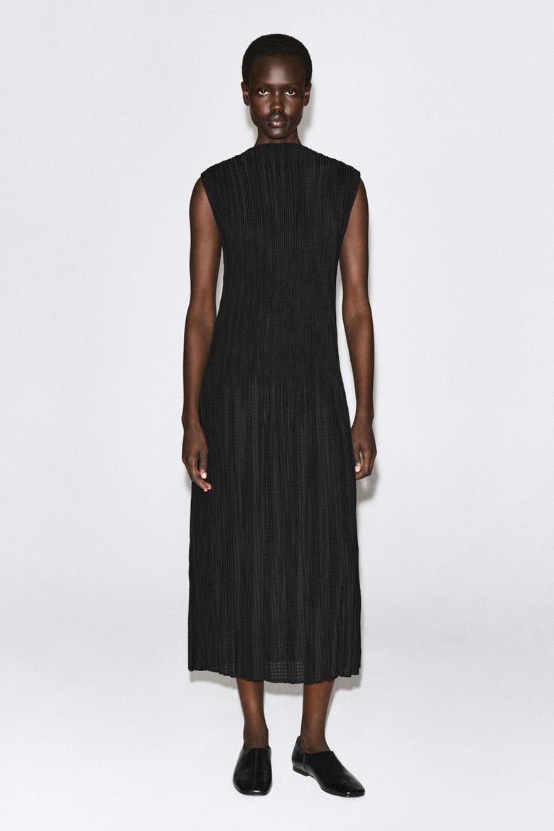 Pleated Jacquard Sleeveless Maxi Dress, Main, color, BLACK