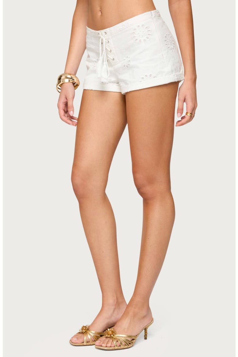 Trisha Low Rise Eyelet Lace-Up Shorts, Alternate, color, WHITE