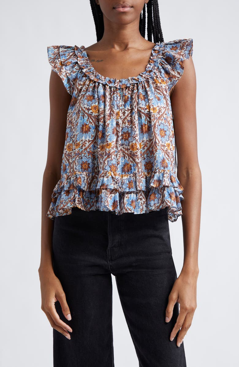 Ulla Johnson Tessa Print Ruffle Sleeveless Top, Main, color,