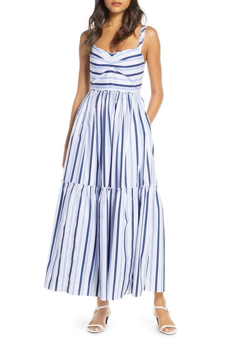 Shirting Stripe Tiered Maxi Dress, Main, color, MULTI BLUE