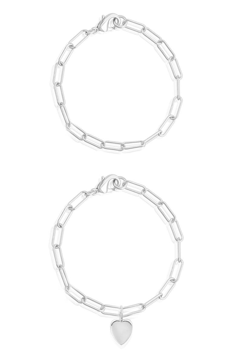 Water Resistant Paperclip Chain Heart Charm Bracelet Set, Main, color, SILVER
