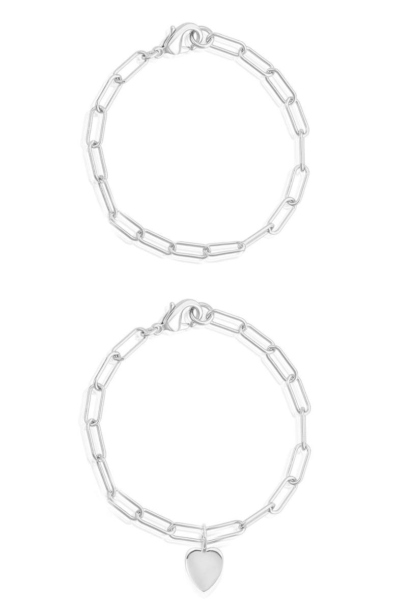Adornia Water Resistant Paperclip Chain Heart Charm Bracelet Set, Main, color, Silver