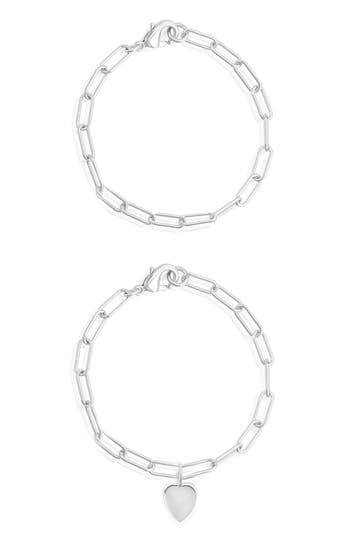 Adornia Tarnish Resistant Silver Plated Heart Paper Clip Chain Bracelet Set In Silver