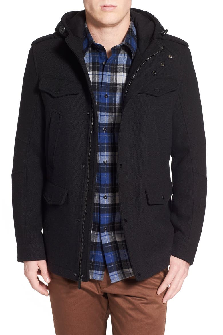 Wool Blend Hooded Military Jacket, Main, color, BLACK