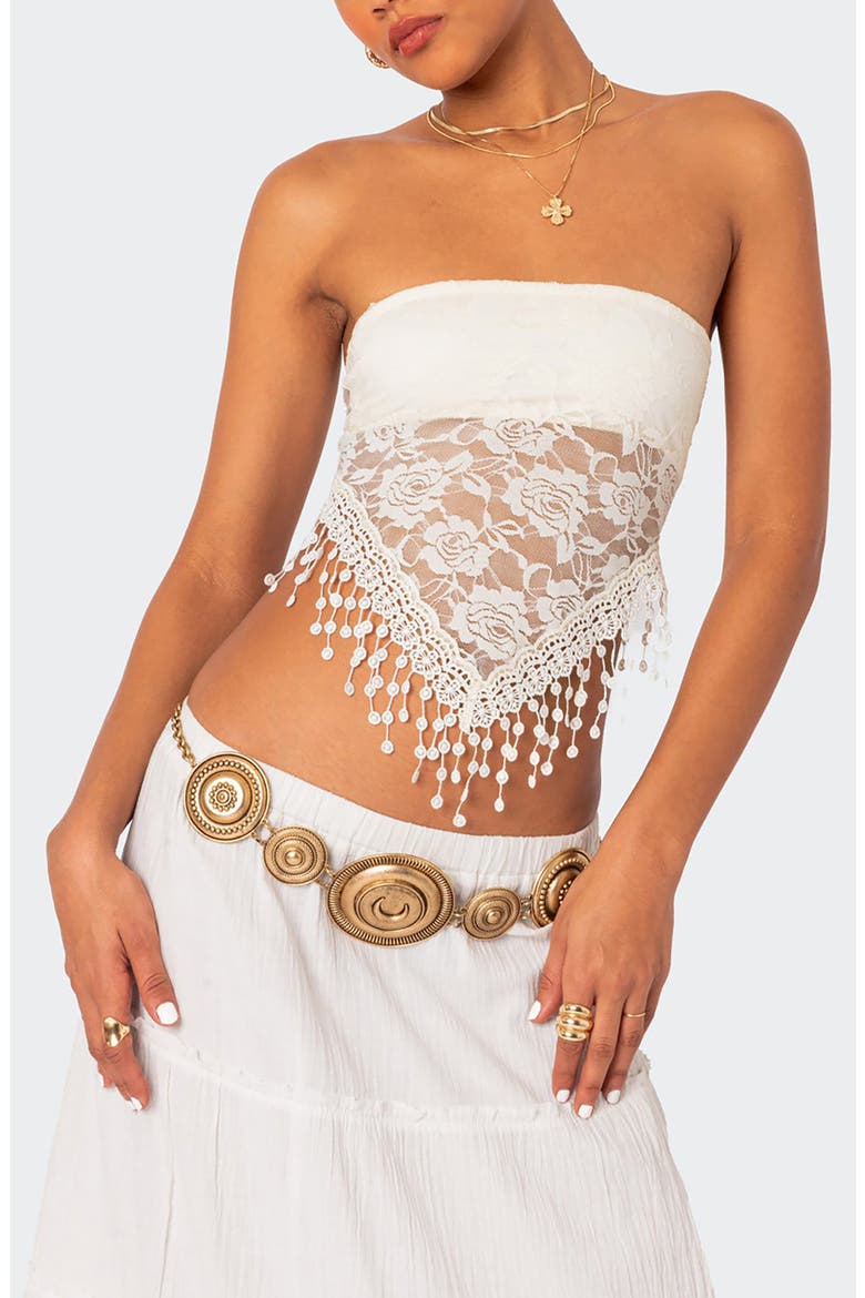 India Fringe Hem Lace Tube Top, Main, color, CREAM