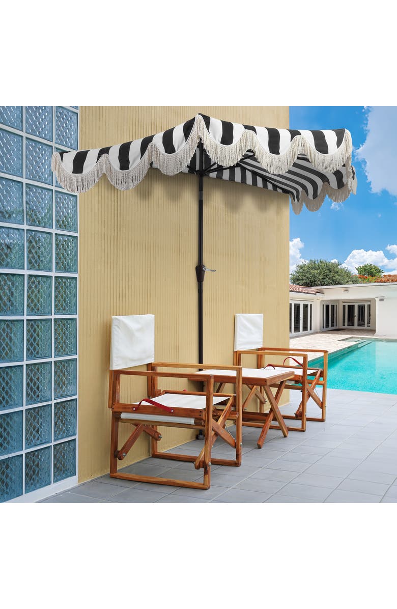 JONATHAN Y Beverly 9 ft. Designer Classic Scalloped Fringe Half Market Patio Umbrella with Crank, Push Button Tilt and UV Protection, Alternate, color, Black/White