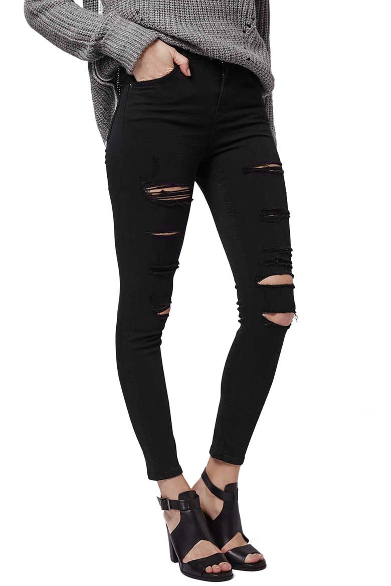 Moto 'Jamie' Ripped Ankle Skinny Jeans, Main, color, BLACK