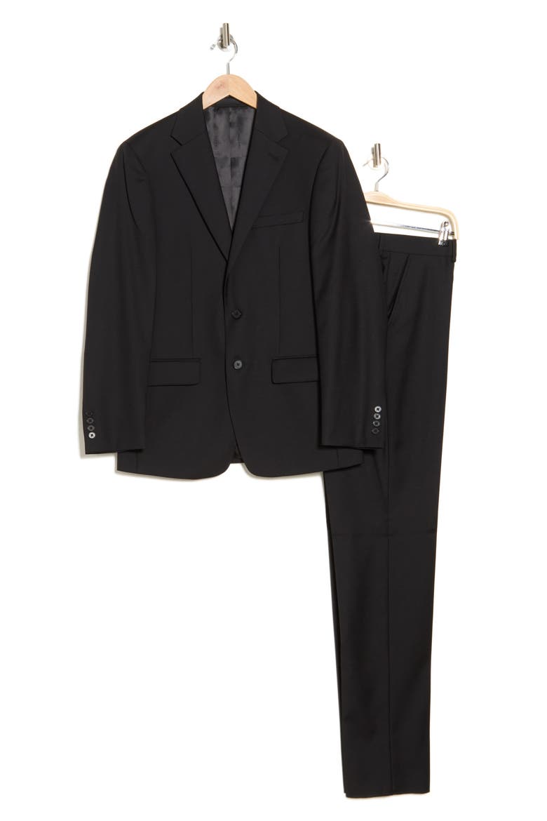 Solid Two-Button Notched Lapel Slim Fit Suit, Alternate, color, BLACK
