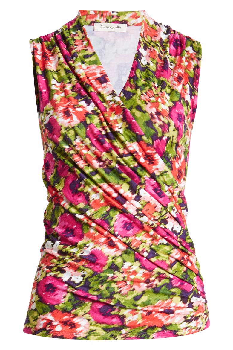Floral Sleeveless Faux Wrap Top, Alternate, color, FUSCHIA
