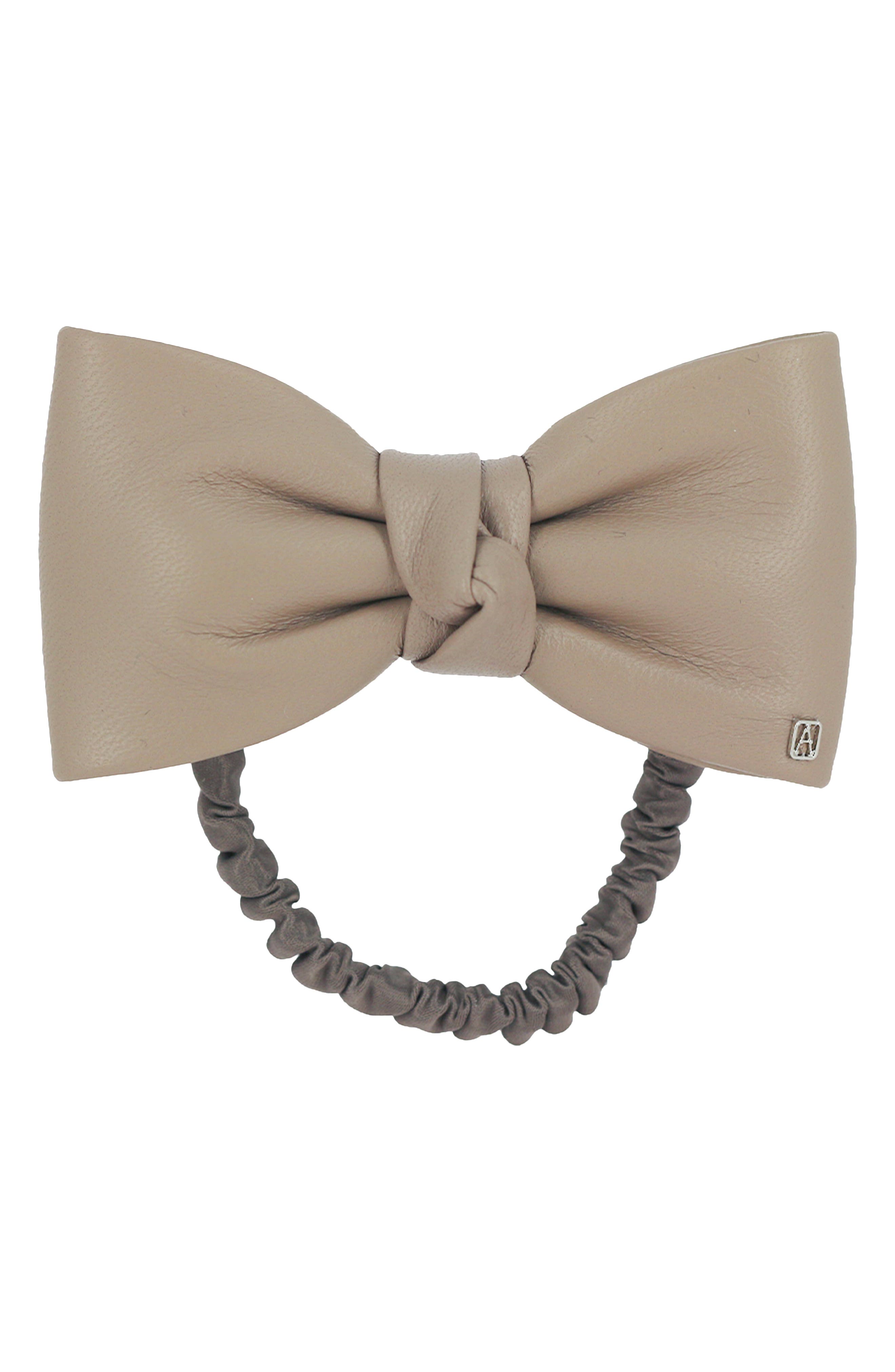 Alexandre de Paris Leather Bow Scrunchie in Beige