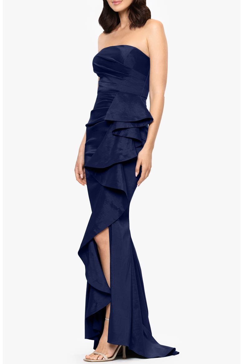 Strapless Cascade Ruffle Gown, Alternate, color, NAVY