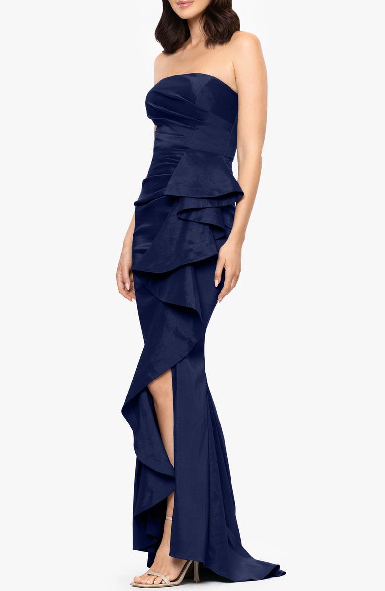 Betsy & Adam Strapless Cascade Ruffle Gown, Alternate, color, Navy
