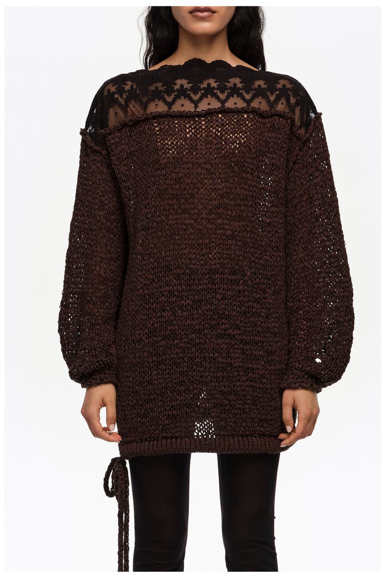 Lace Boat Neckline Sweater, Main, color, DARK BROWN
