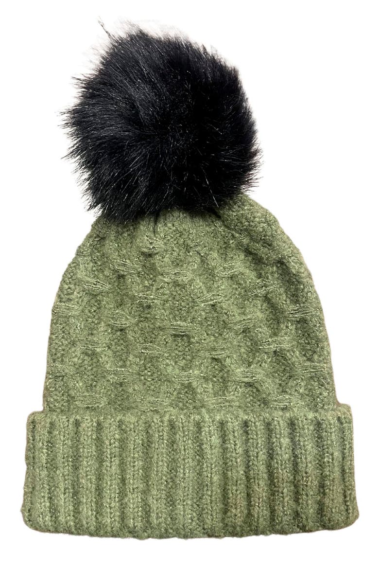 Faux Fur Pom Honeycomb Knit Beanie, Main, color, OLIVE