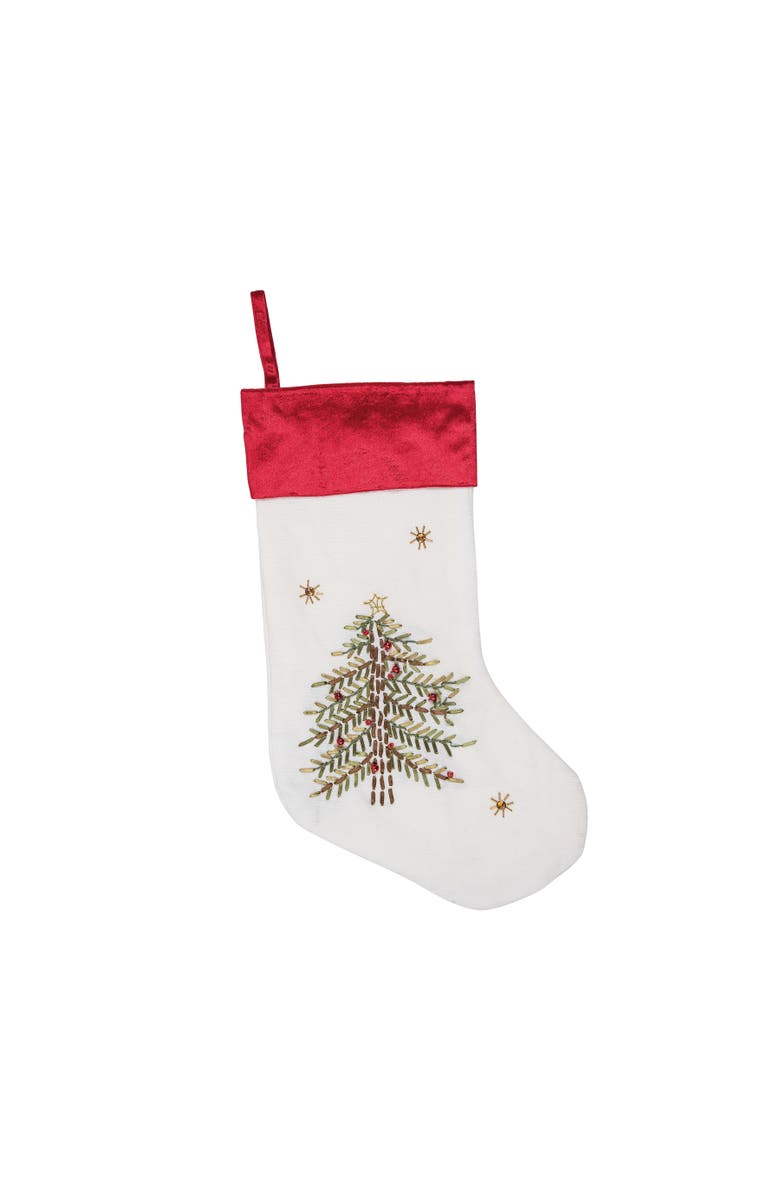 C&F Home Ribbon Decorated Green Christmas Tree on White Background with Red Velvet Cuff Stocking 20.0 inch, Main, color, Green