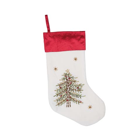Ribbon Decorated Green Christmas Tree on White Background with Red Velvet Cuff Stocking 20.0 inch