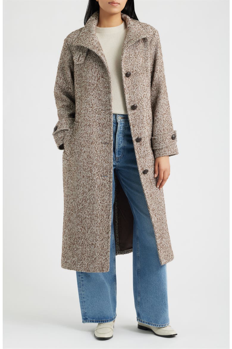 Stand Collar Wrap Coat, Alternate, color, BROWN HERRINGBONE