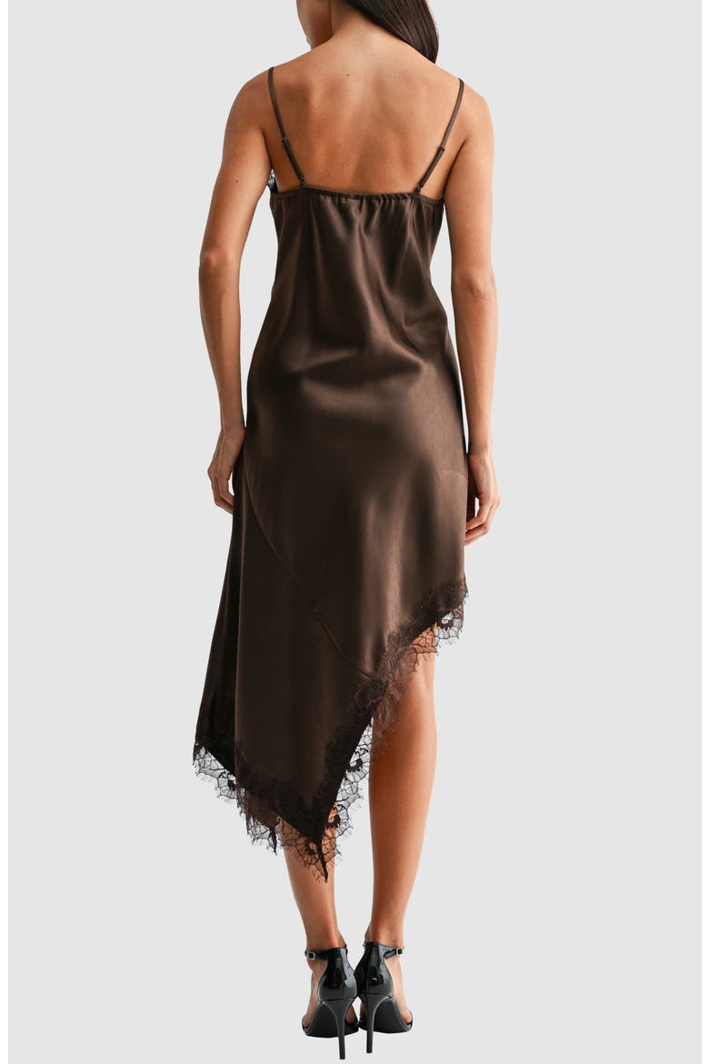 Asymmetric Lace Hem Satin Midi Dress, Alternate, color, CHOCOLATE