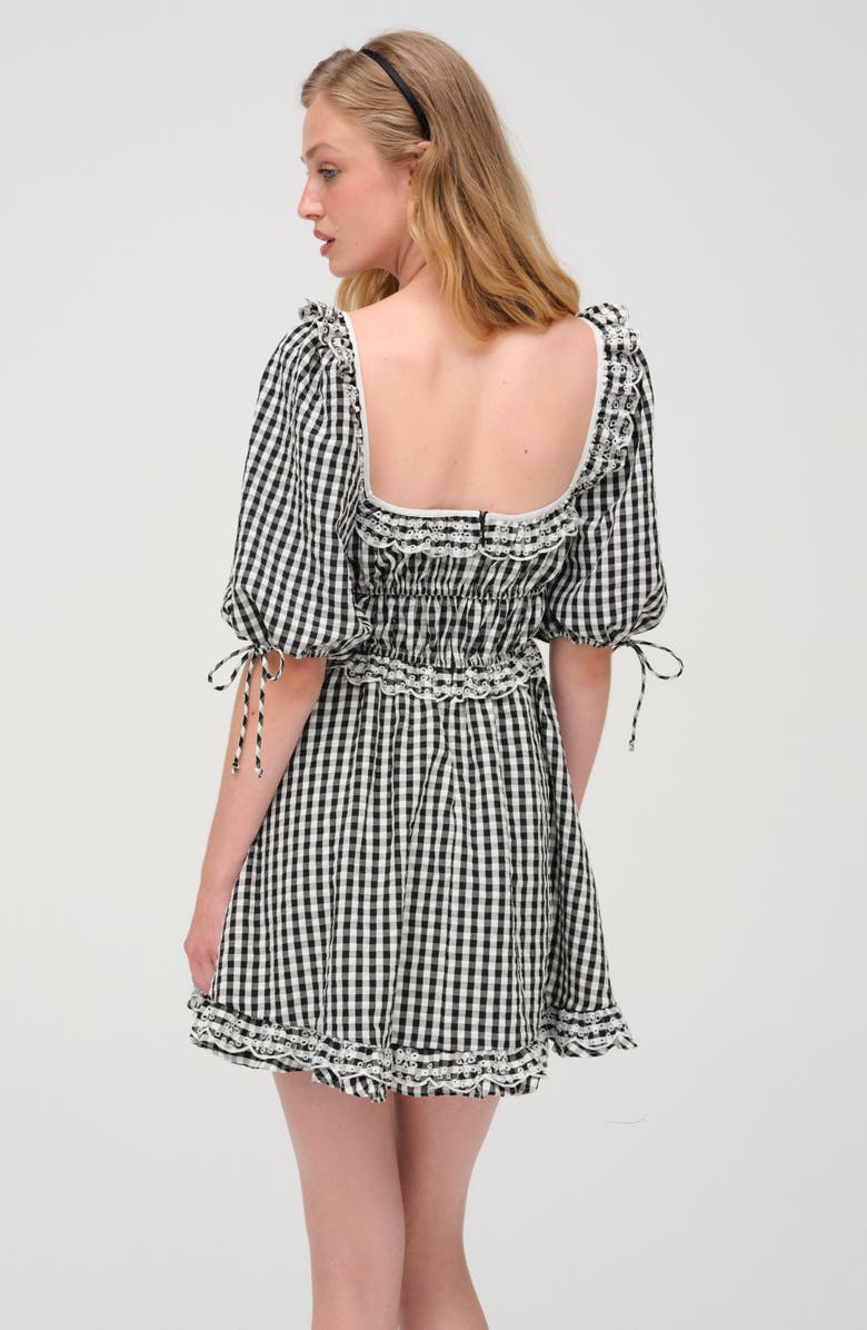 For Love & Lemons Jackson Gingham Ruffle Cotton Minidress, Alternate, color, Black