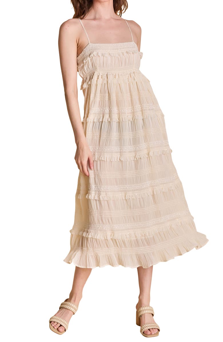 English Factory Smocked Ruffle Sleeveless Maxi Dress, Alternate, color, Cream