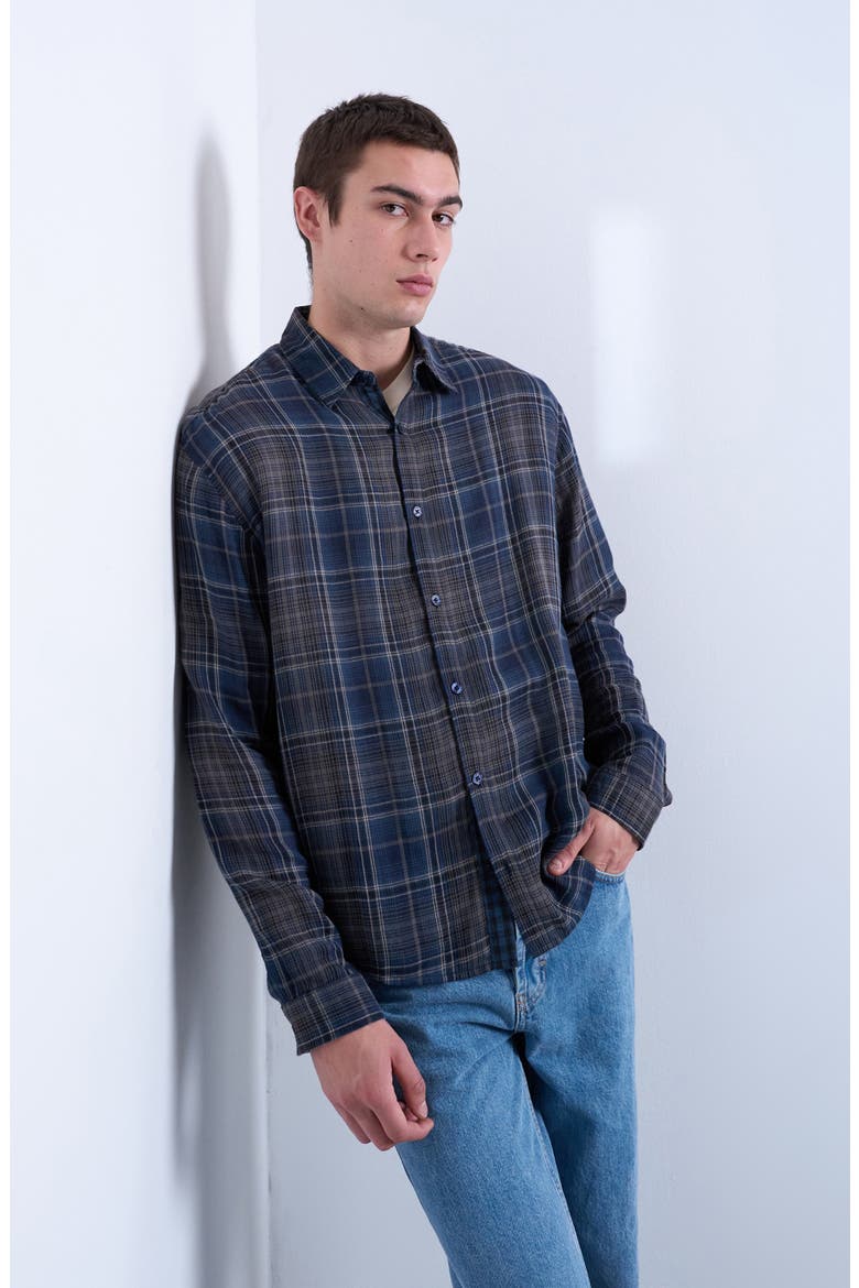 Check Cotton Button-Up Shirt, Main, color, NAVY