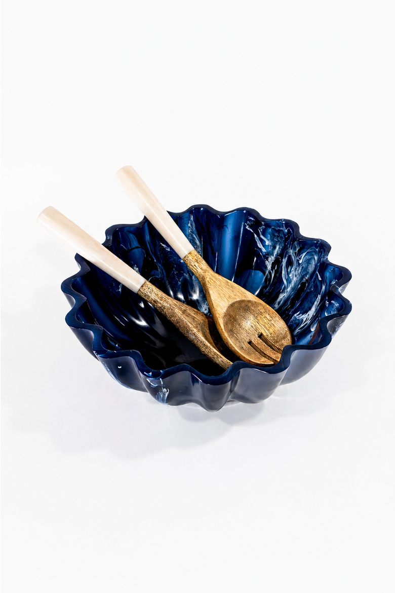 Resin Serving Bowl - Marbled Blue Scalloped Decorative Bowl, Shatterproof 11-Inch Fruit & Centerpiece Bowl for Indoor & Outdoor Luxury Entertaining, Alternate, color, Blue