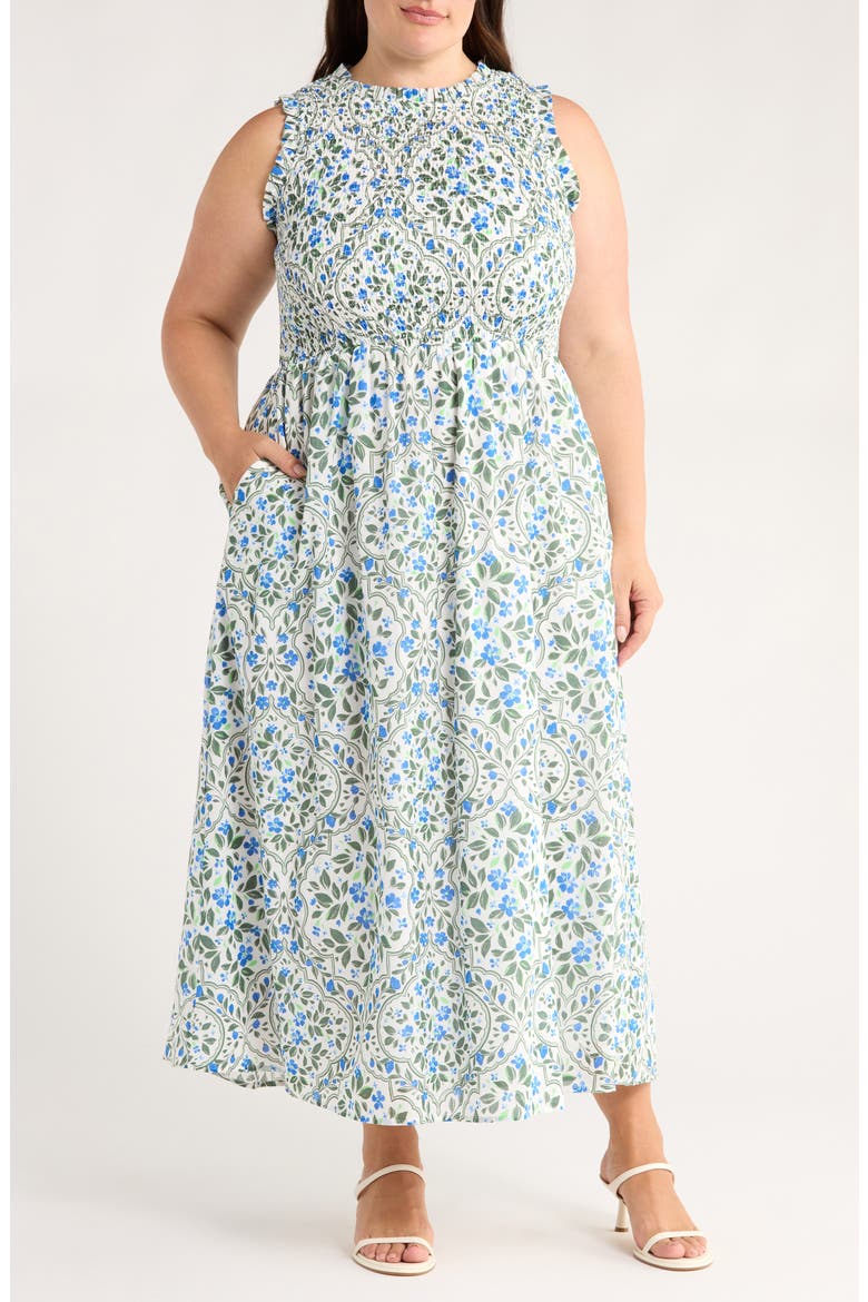 Hilo Floral Print Sleeveless Maxi Dress, Main, color, WHITE/ BLUE/ GREEN