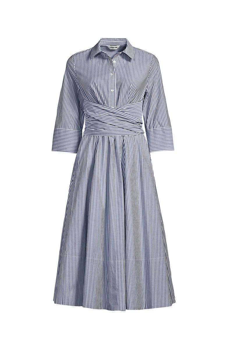Lands' End Poplin Midi Wrap Front Dress, Alternate, color, Midnight Sky Pinstripe