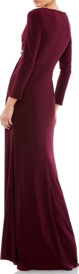 Faux Wrap Long Sleeve Appliqué Detail Gown
