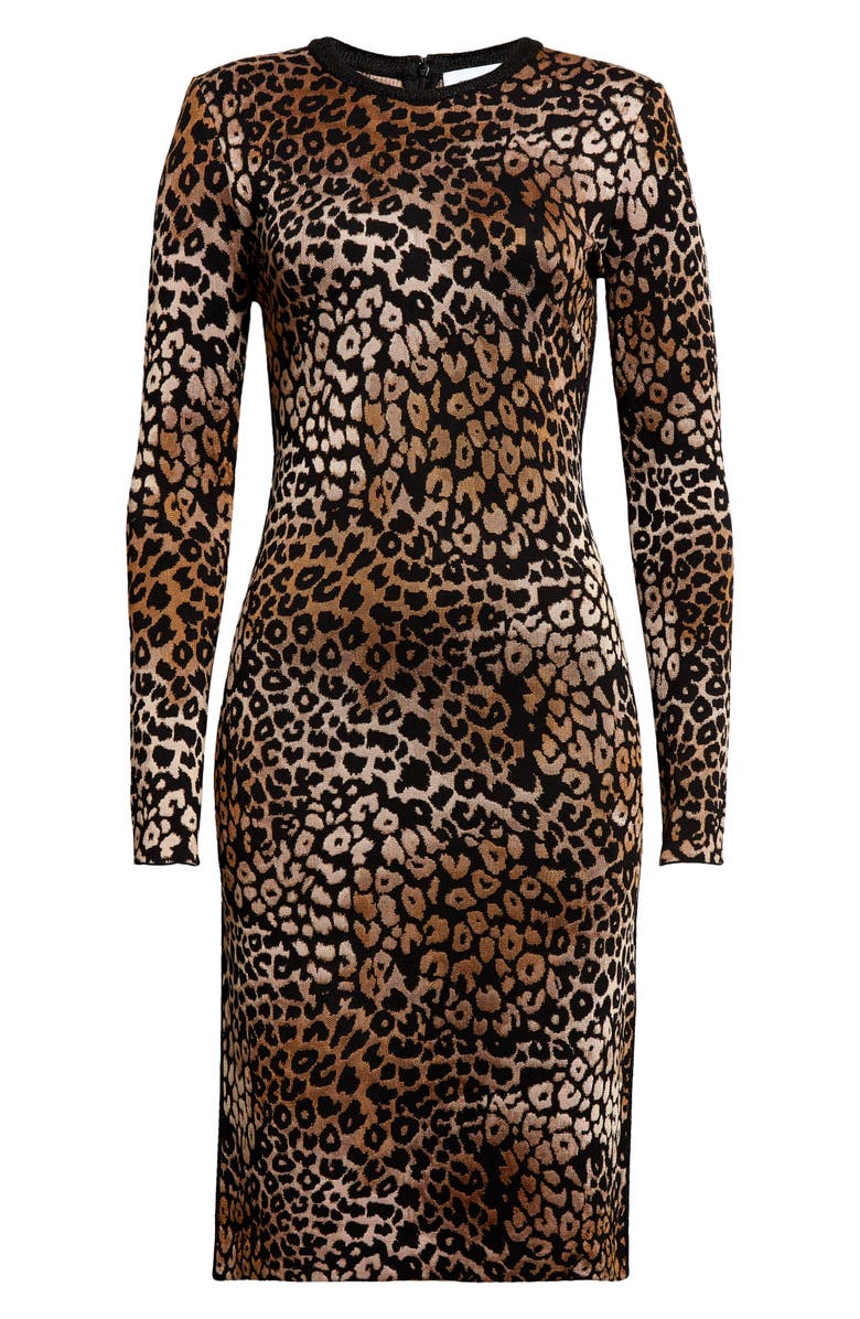 ST. JOHN Leopard Jacquard Long Sleeve Body-Con Knit Dress, Alternate, color, Camel/ Black Multi