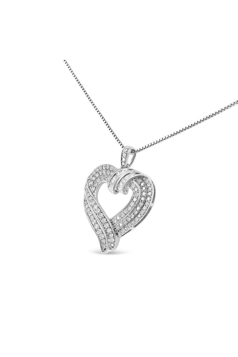 Silver 1.00 Cttw Baguette Diamond Composite Open Heart Pendant Necklace, Alternate, color, White