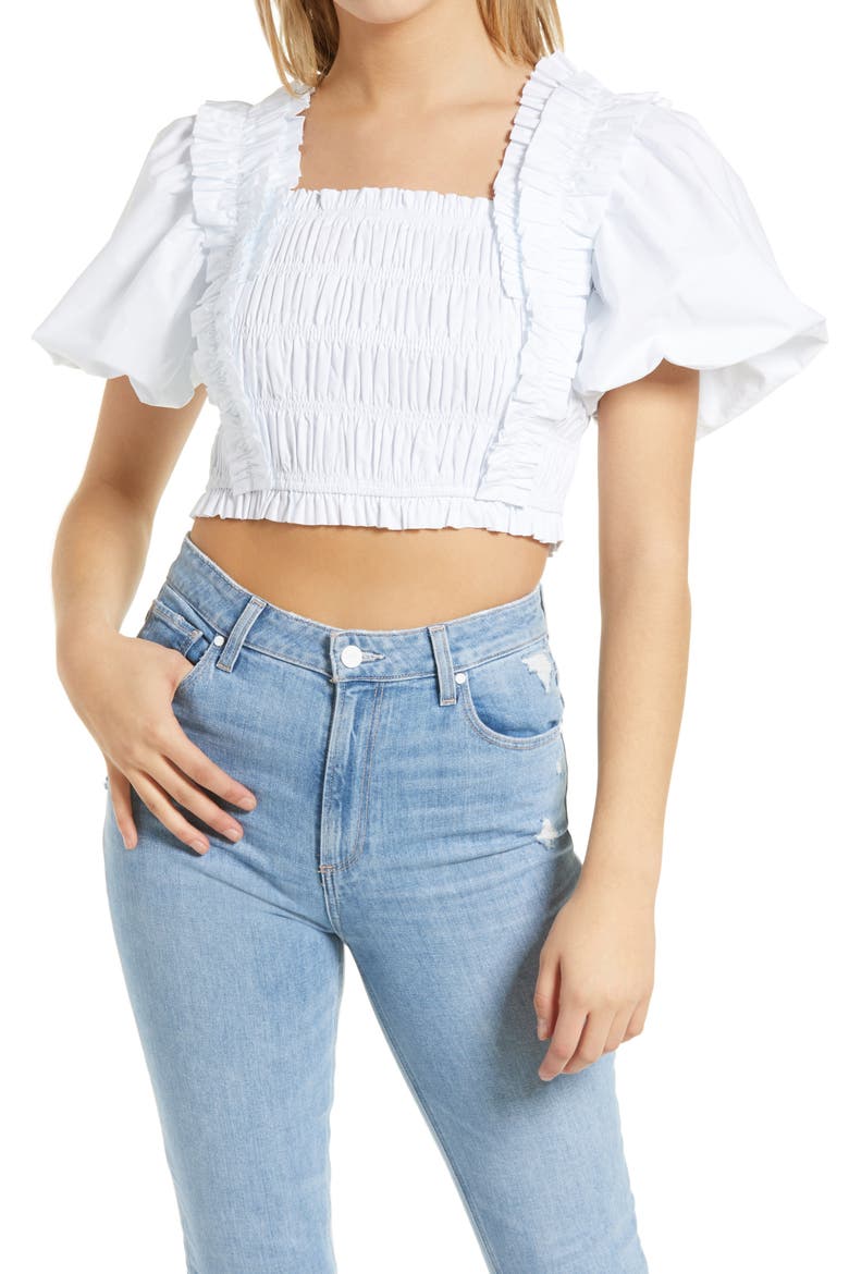 Smocked Puff Sleeve Crop Top, Main, color, WHITE