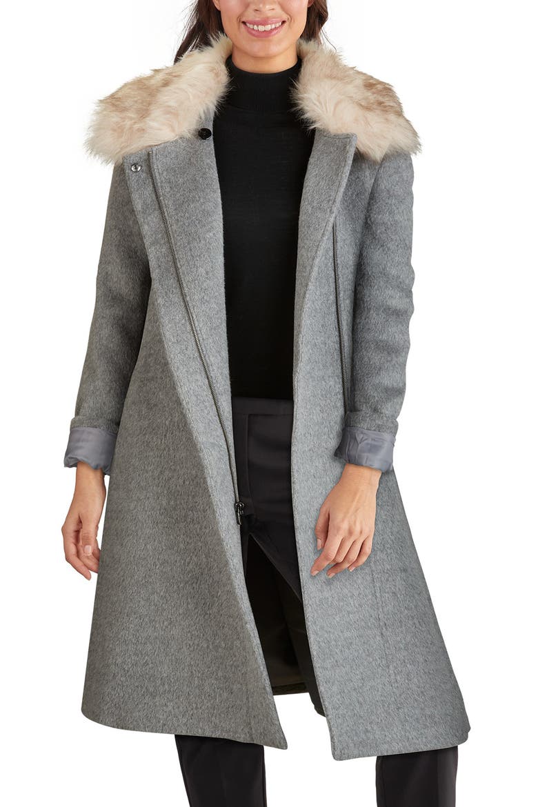 Faux Fur Trim Wool Blend Coat, Alternate, color, MEDIUM GREY