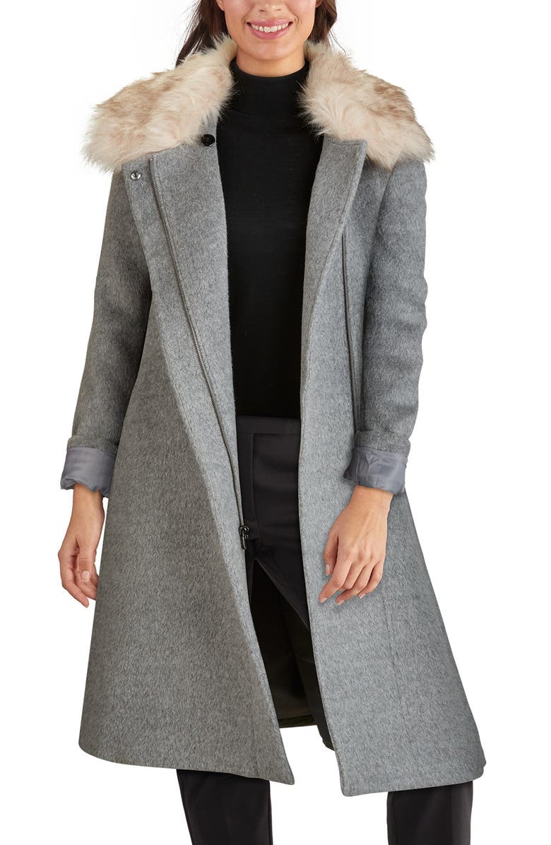 Cole Haan Faux Fur Trim Wool Blend Coat, Alternate, color,