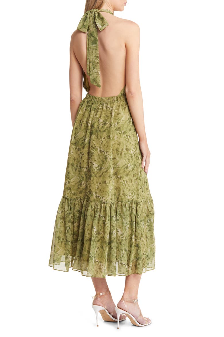 Floral Print Halter Neck Maxi Dress, Alternate, color, OLIVE SWAY BRUSHES