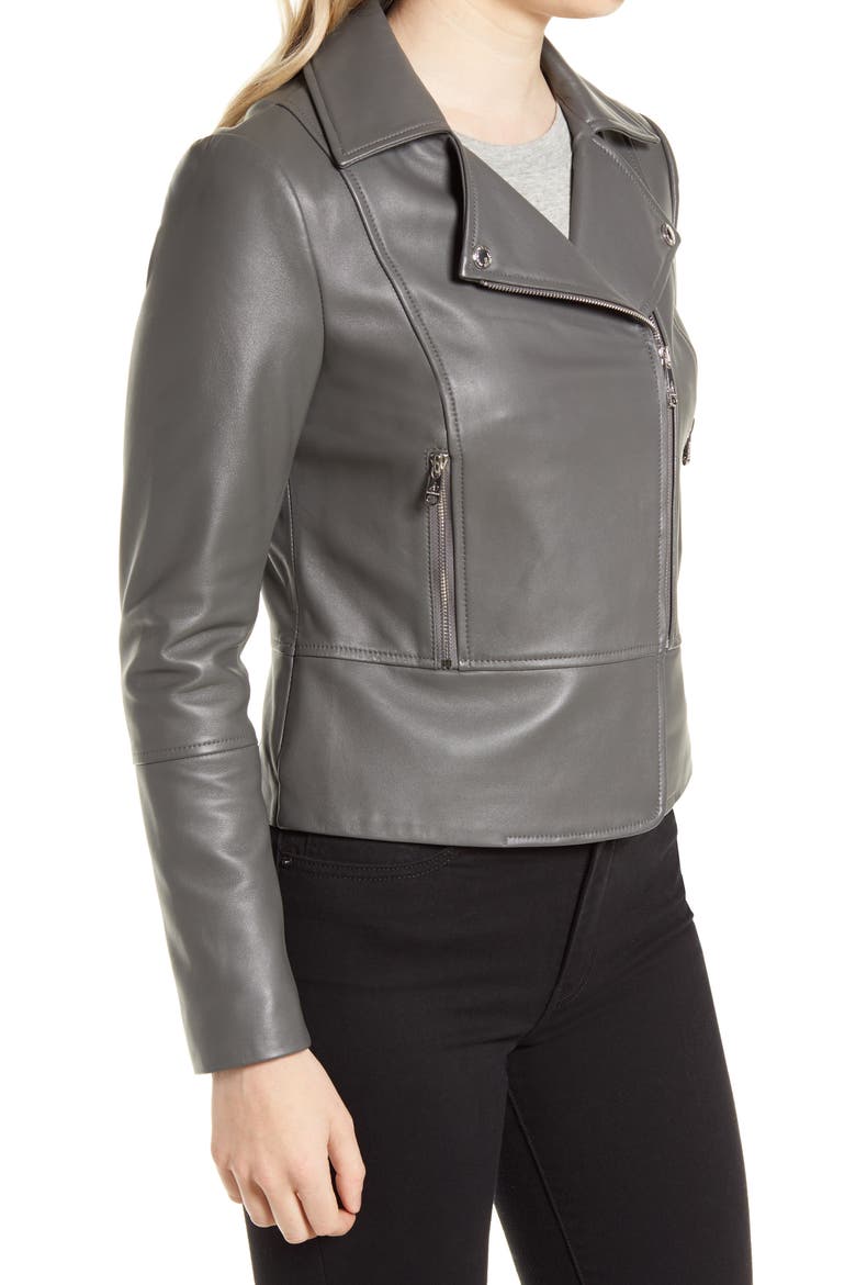 Peplum Lambskin Leather Moto Jacket, Alternate, color, MOONLIGHT GREY