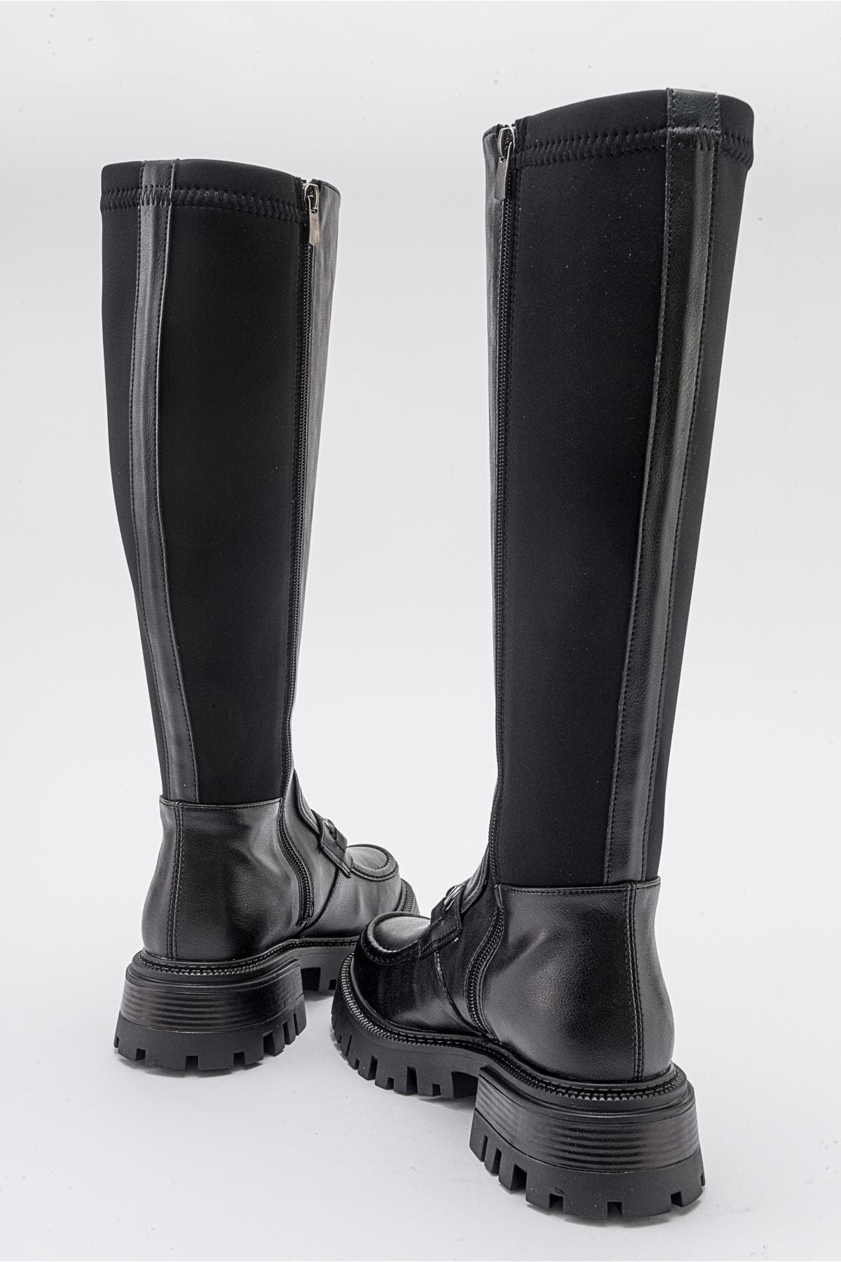 Chapel Buckle Stretch Boot, Alternate, color, Black Stretch Faux Leather