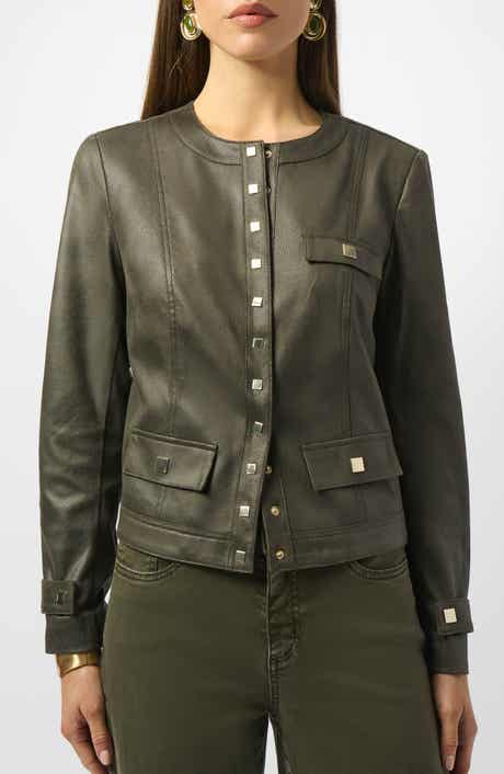 Collarless Foiled Faux Leather Jacket