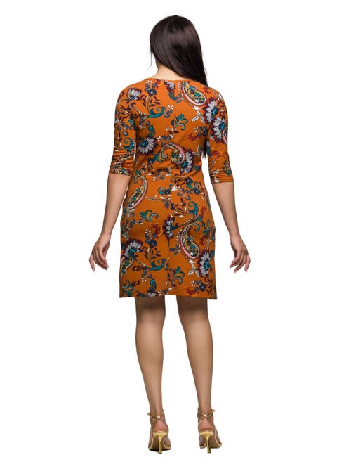 24seven Comfort Apparel Plus Size Elbow Sleeve Ruched Tulip Fall Print Mini Dress In Orange
