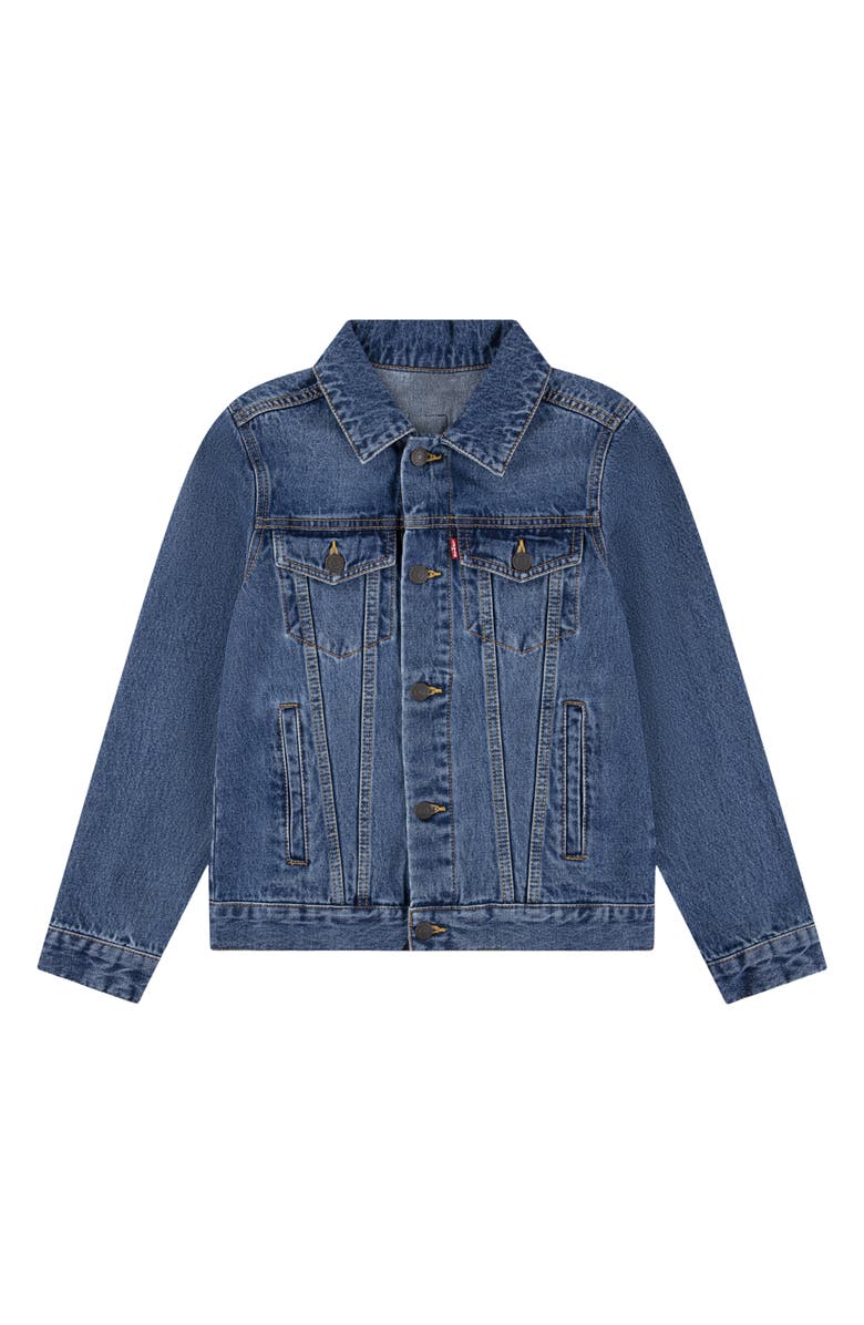 Levi's<sup>®</sup> Kid's American Flag Denim Trucker Jacket, Main, color, Denim