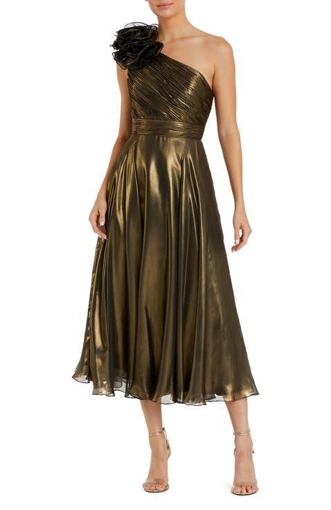 Rosette One Shoulder Tea Length Dress