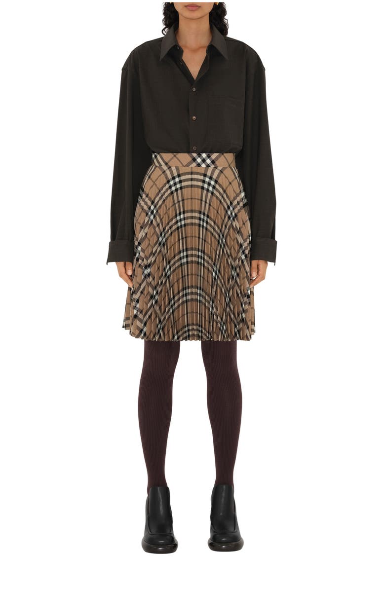 Burberry Pleated Check Wool Blend Skirt, Main, color, Linden Brown