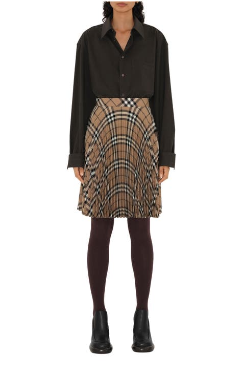 Pleated Check Wool Blend Skirt
