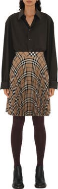Burberry Pleated Check Wool Blend Skirt