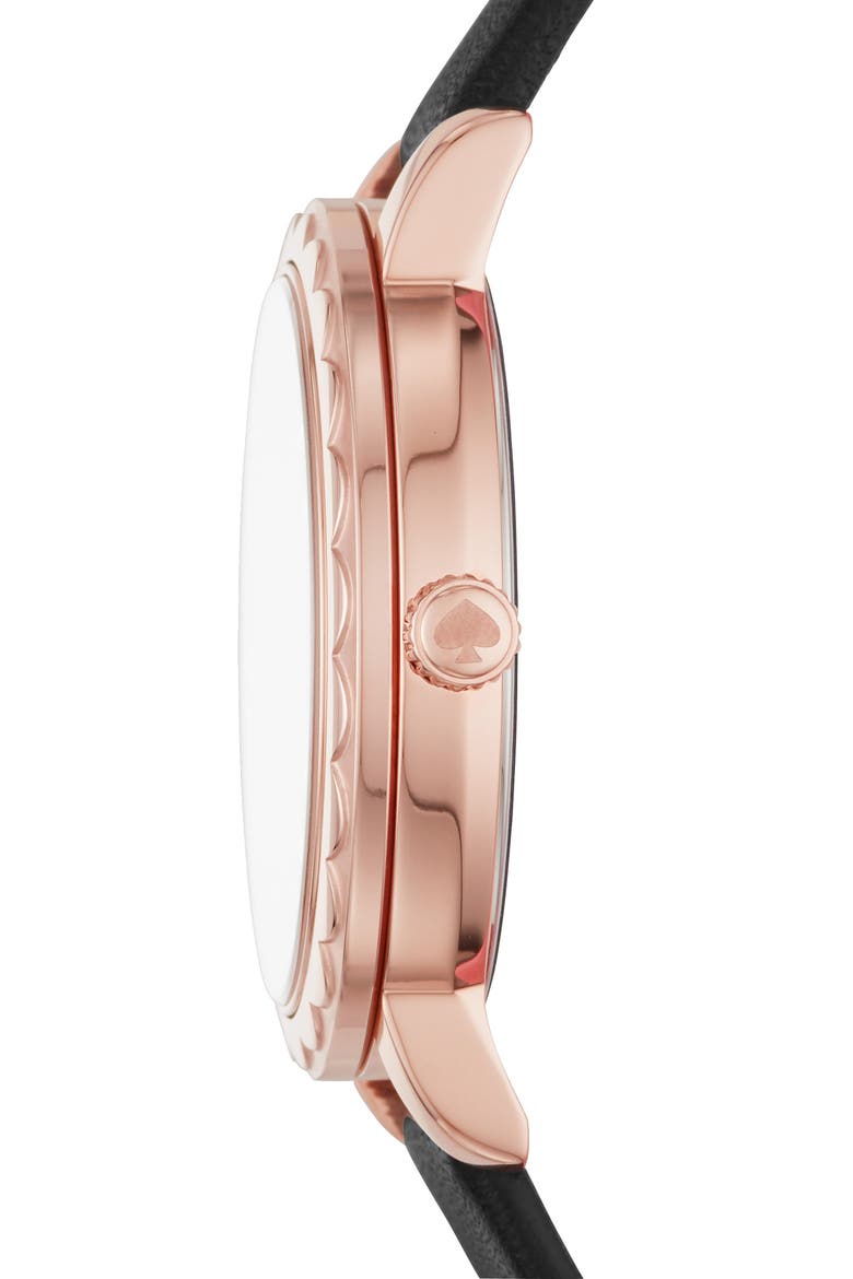 'metro' round leather strap watch, 34mm, Alternate, color, BLACK/ MOP/ ROSE GOLD