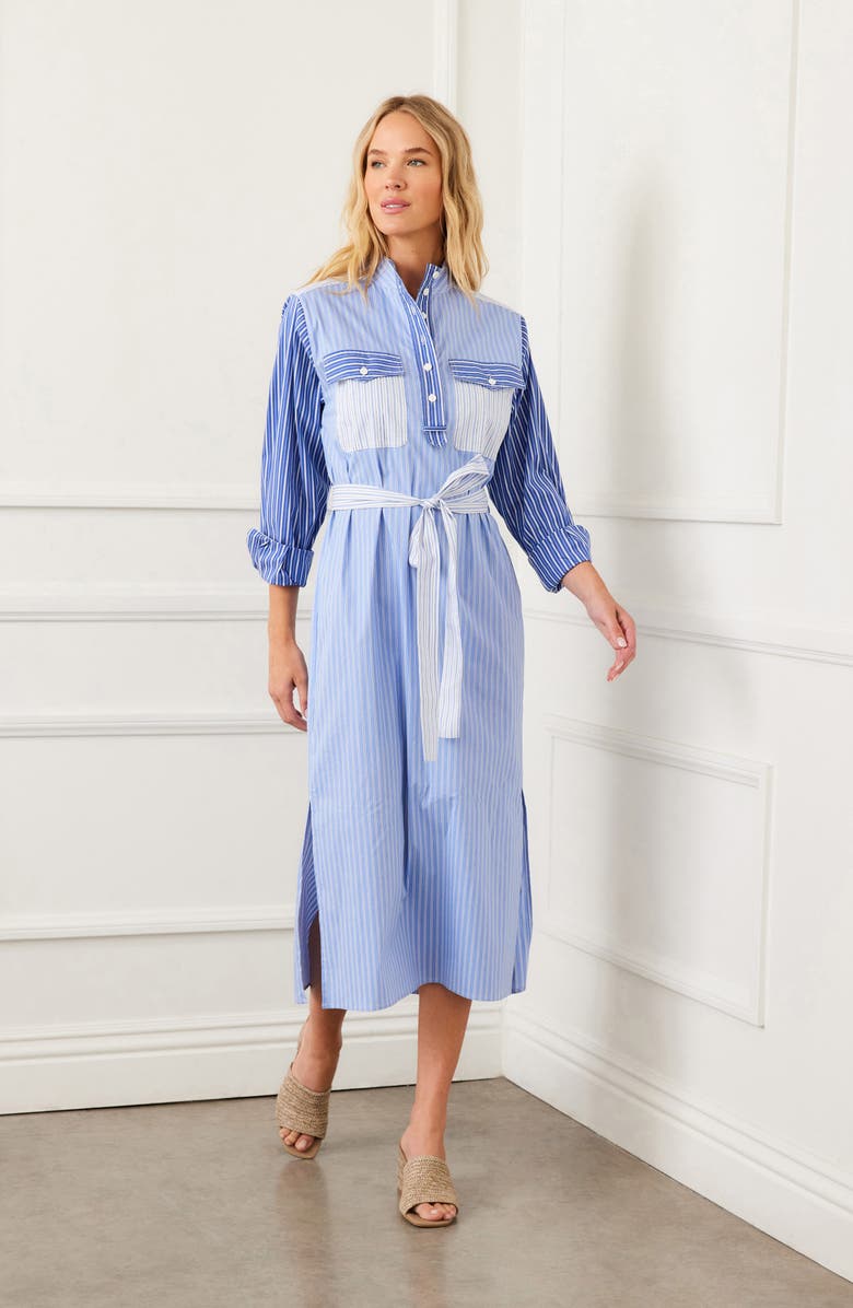 Karen Kane Mixed Stripe Belted Long Sleeve Shirtdress, Alternate, color, Blue Stripe
