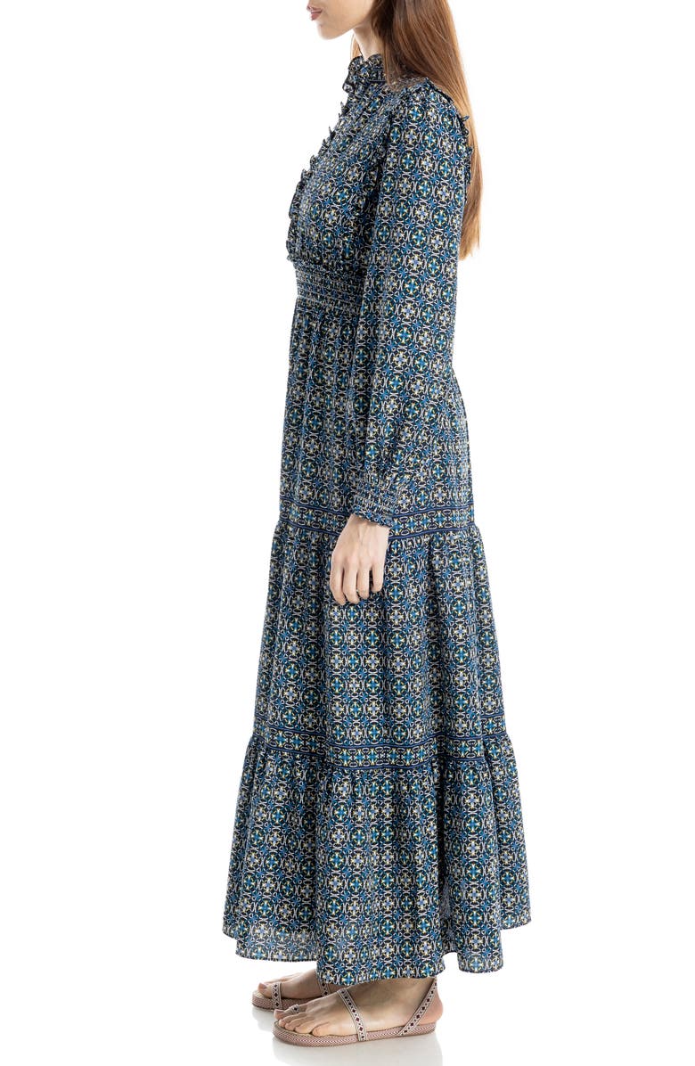 MAX STUDIO Tiered Long Sleeve Maxi Dress, Alternate, color, Nvytrqoc-Navy/Turq Overlap Circles