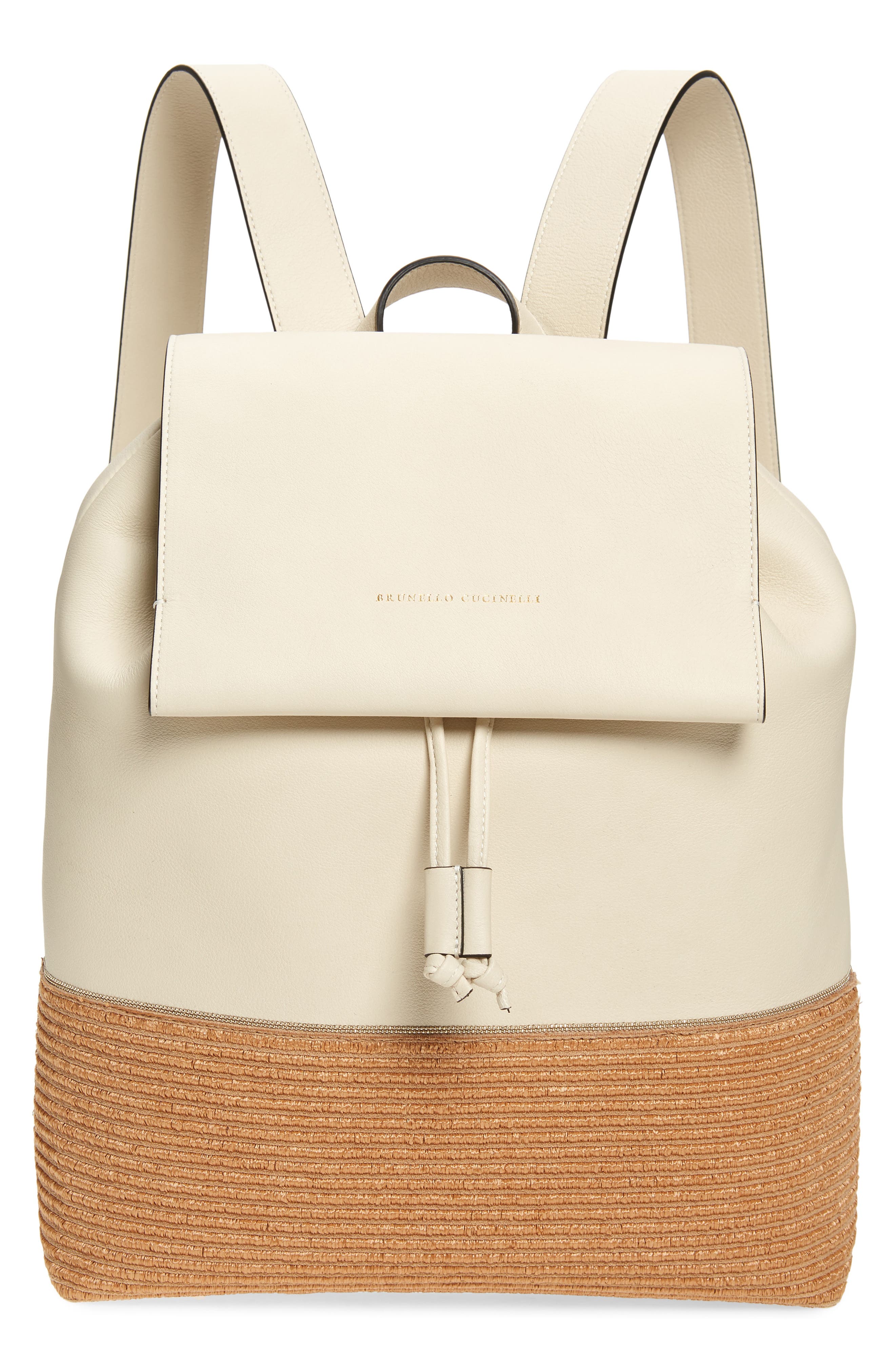Brunello Cucinelli Monili Leather & Raffia Backpack, Main, color, 