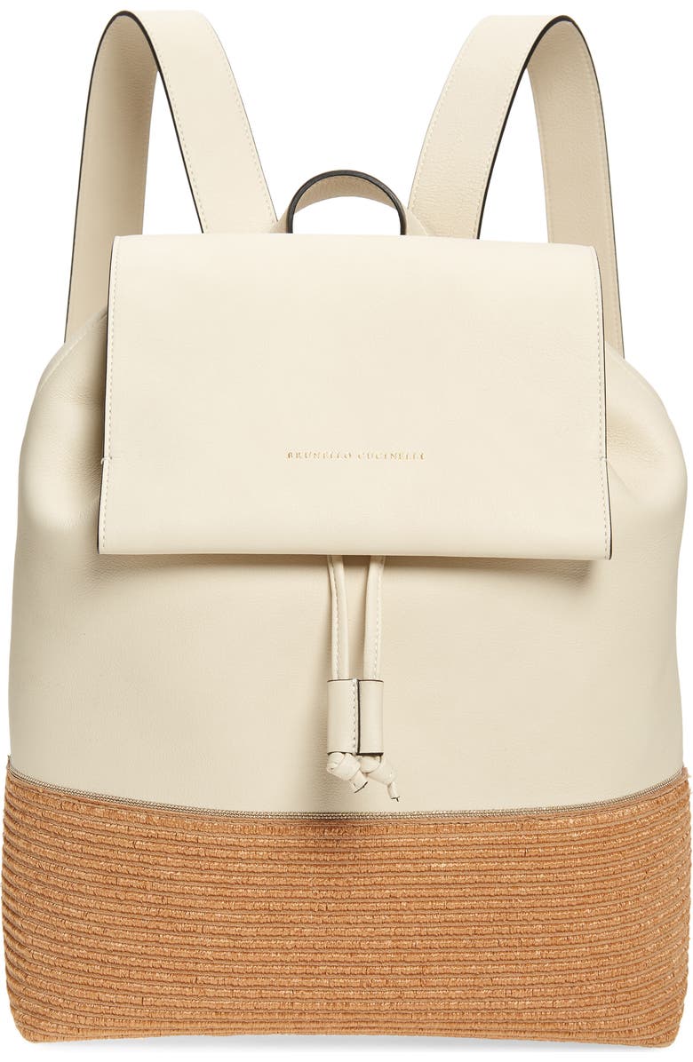 Brunello Cucinelli Monili Leather & Raffia Backpack, Main, color,